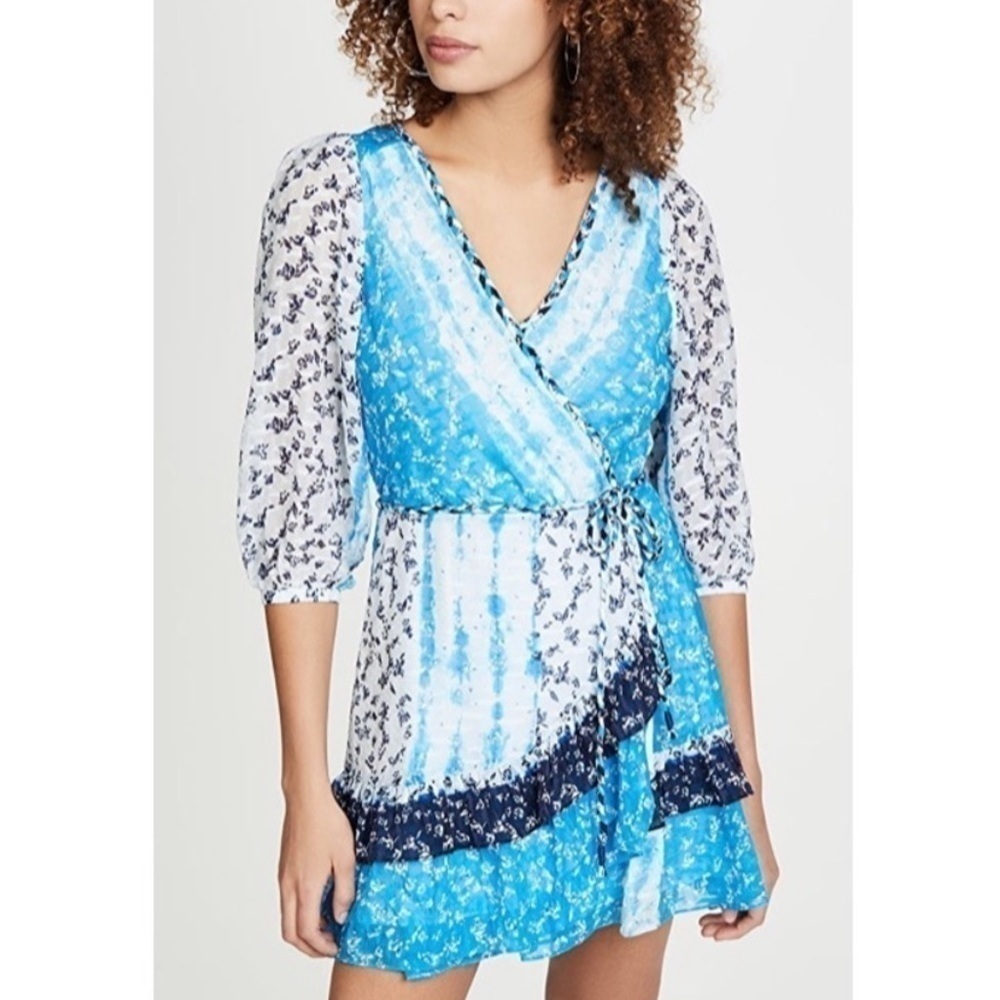 NWT Tanya Taylor Marisa Patchwork Tie Flounce Blue White Floral Silk Dress 10